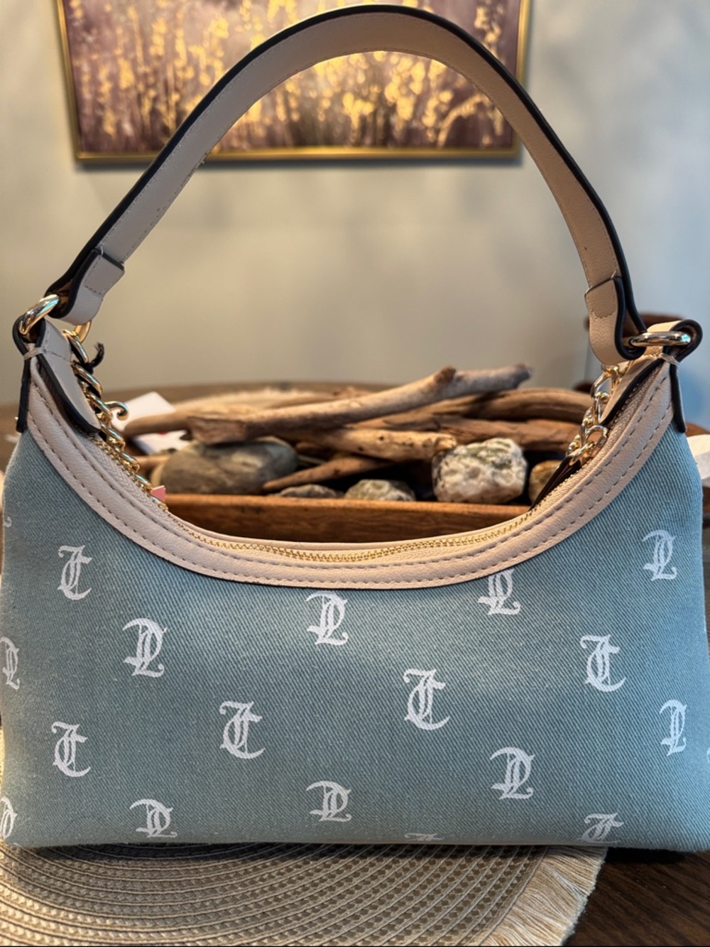 Juicy Couture Light Blue Denim Logo Shoulder Bag with Pink Strawberry Charm - Picture 3 of 5